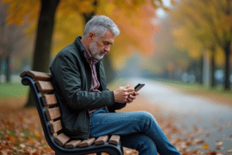 Homme d'âge moyen assis seul sur un banc dans un parc automnal