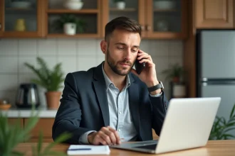 Homme d'une trentaine au téléphone dans une cuisine moderne