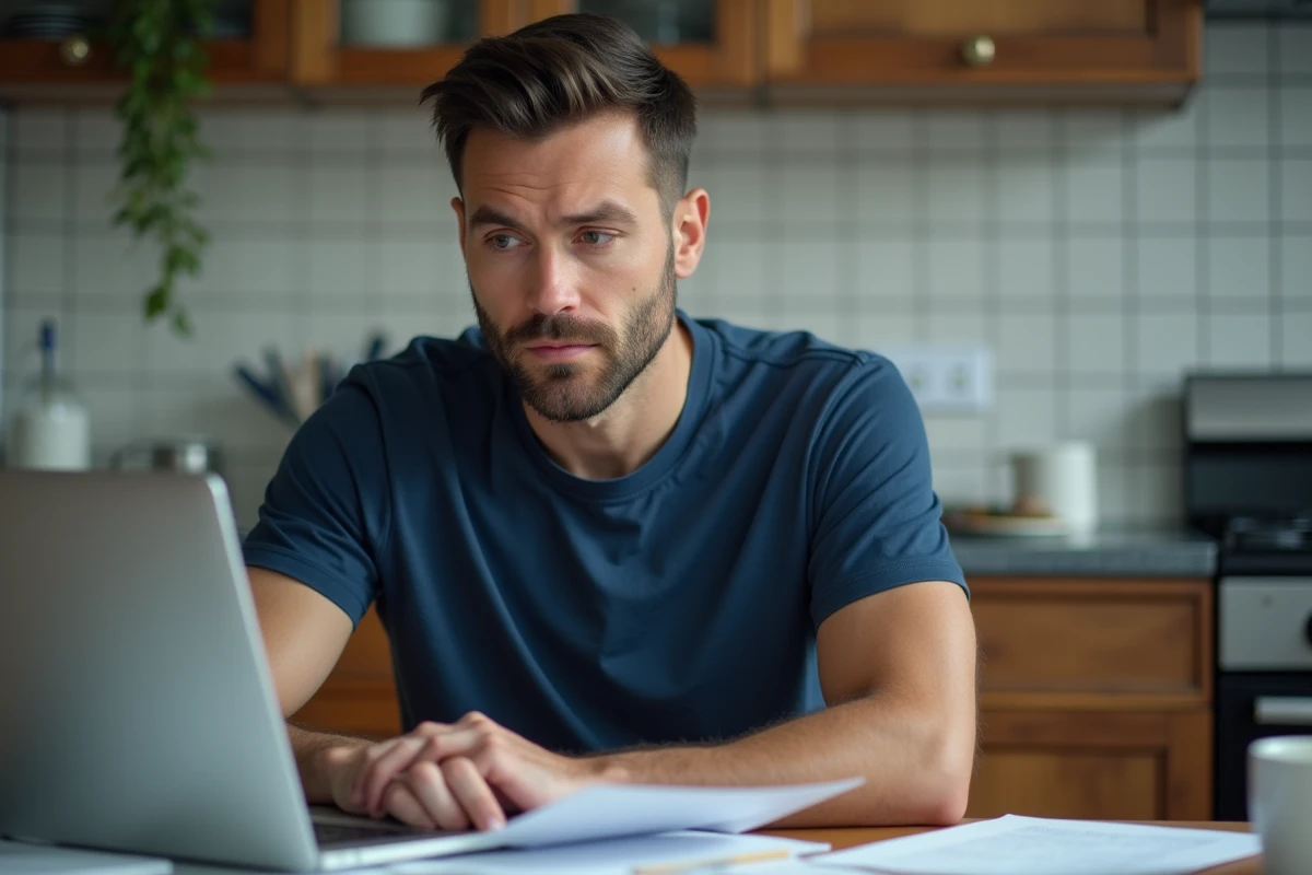 Homme concentré vérifiant un site web sur son ordinateur portable dans une cuisine