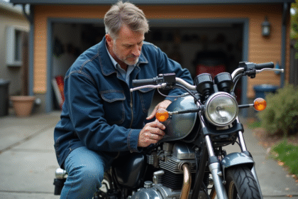 Homme inspectant une petite moto dans un garage suburbain