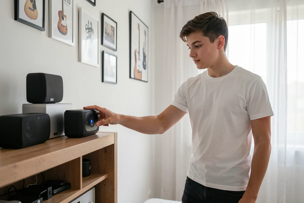 Jeune homme de 17 ans testant une enceinte Bluetooth sur une étagère dans une chambre moderne au style minimaliste