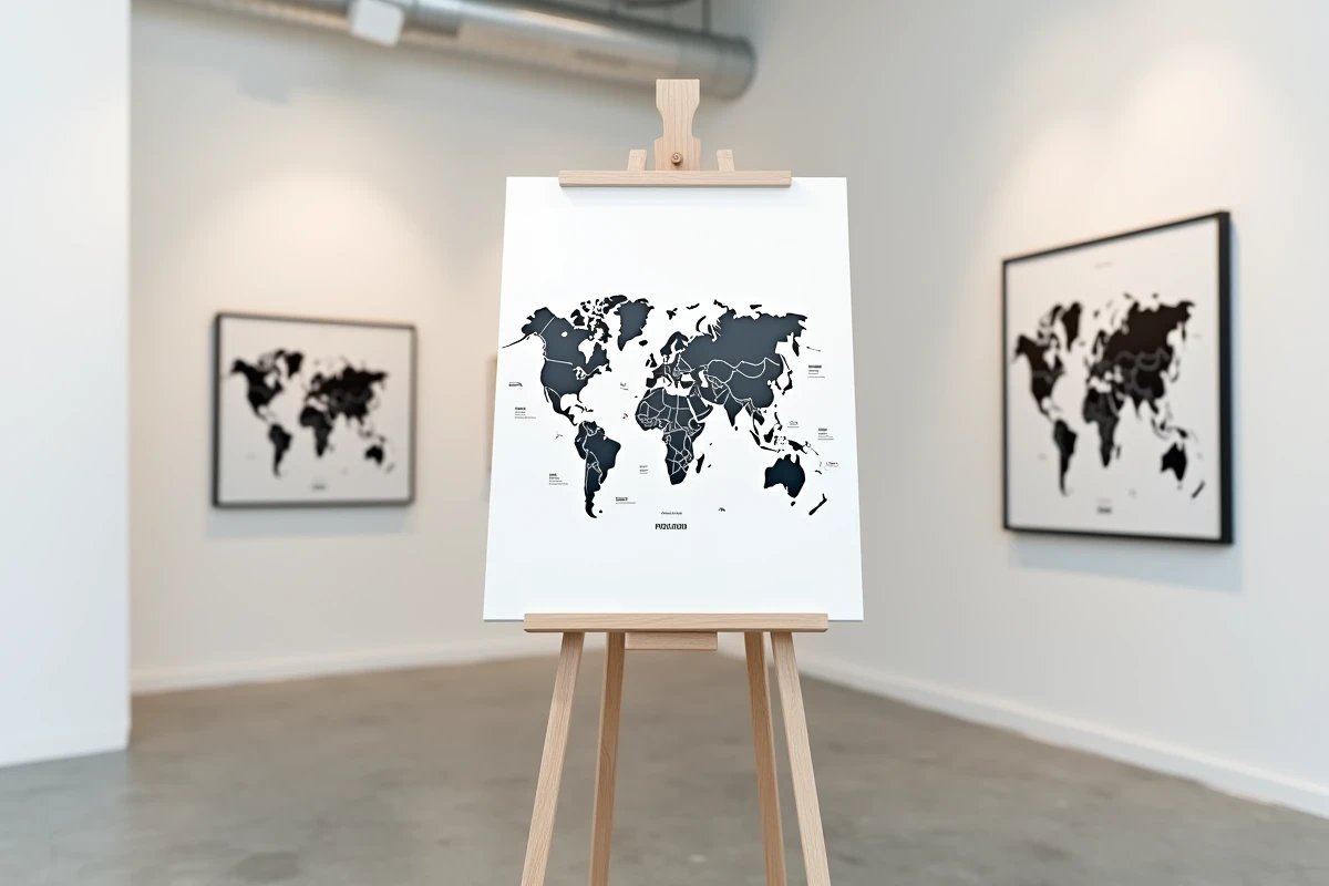 Infographie cartographique exposée dans une galerie montrant le classement des pays du monde par superficie