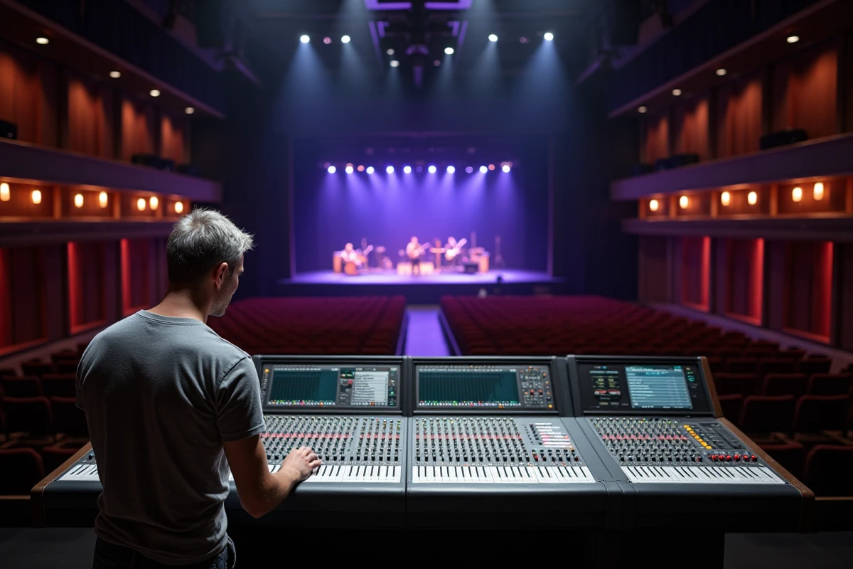 Ingénieur du son derrière une console de mixage numérique lors d'une balance en salle de concert, représentation du suivi technique et artistique sur la durée d'une tournée