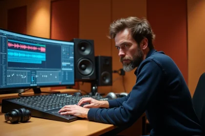 Ingénieur du son masculin dans les années 30 examinant des pistes audio sur une console de mixage professionnelle dans un studio d'enregistrement acoustique