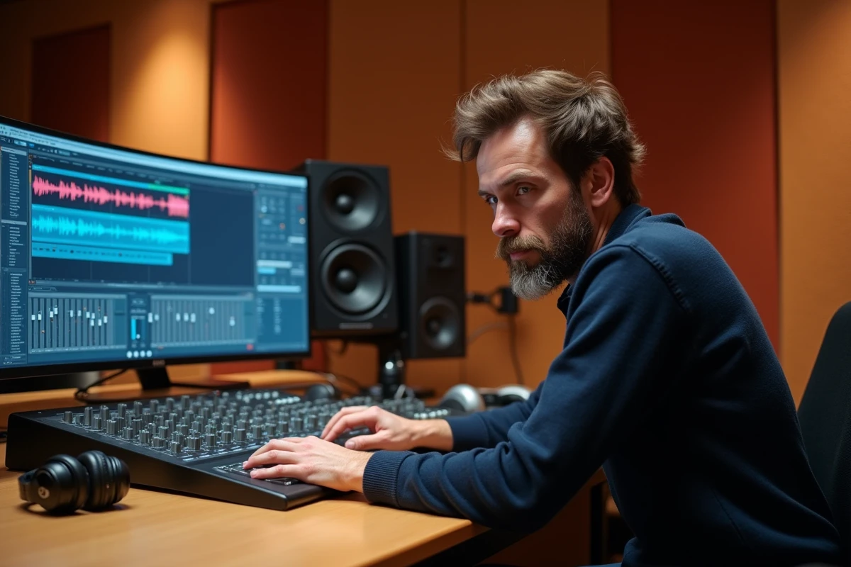 Ingénieur du son masculin dans les années 30 examinant des pistes audio sur une console de mixage professionnelle dans un studio d'enregistrement acoustique