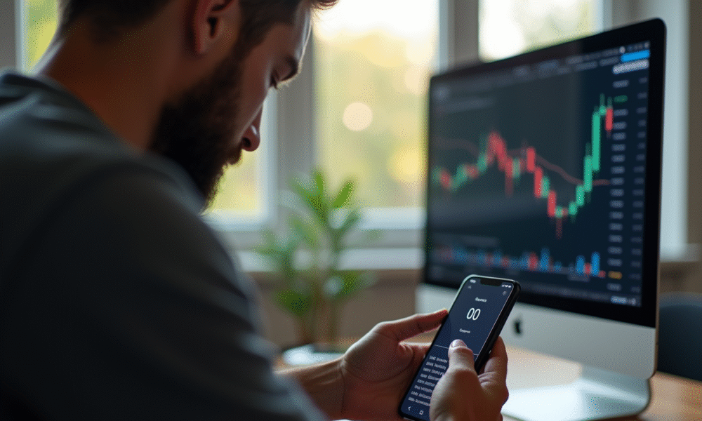 Adulte inquiet vérifiant son portefeuille crypto sur smartphone