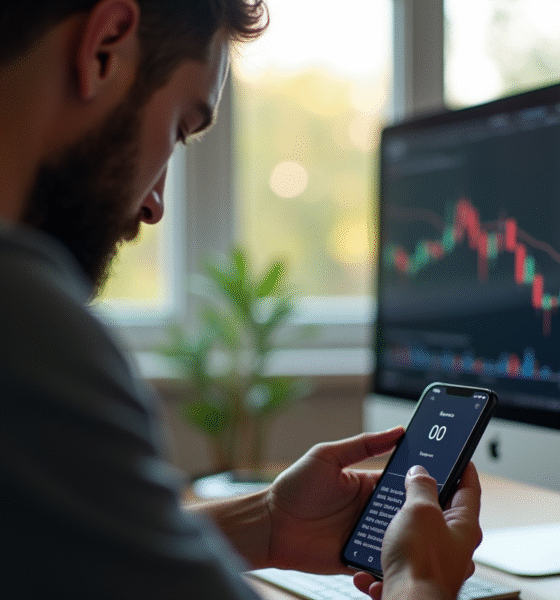 Adulte inquiet vérifiant son portefeuille crypto sur smartphone