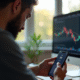 Adulte inquiet vérifiant son portefeuille crypto sur smartphone