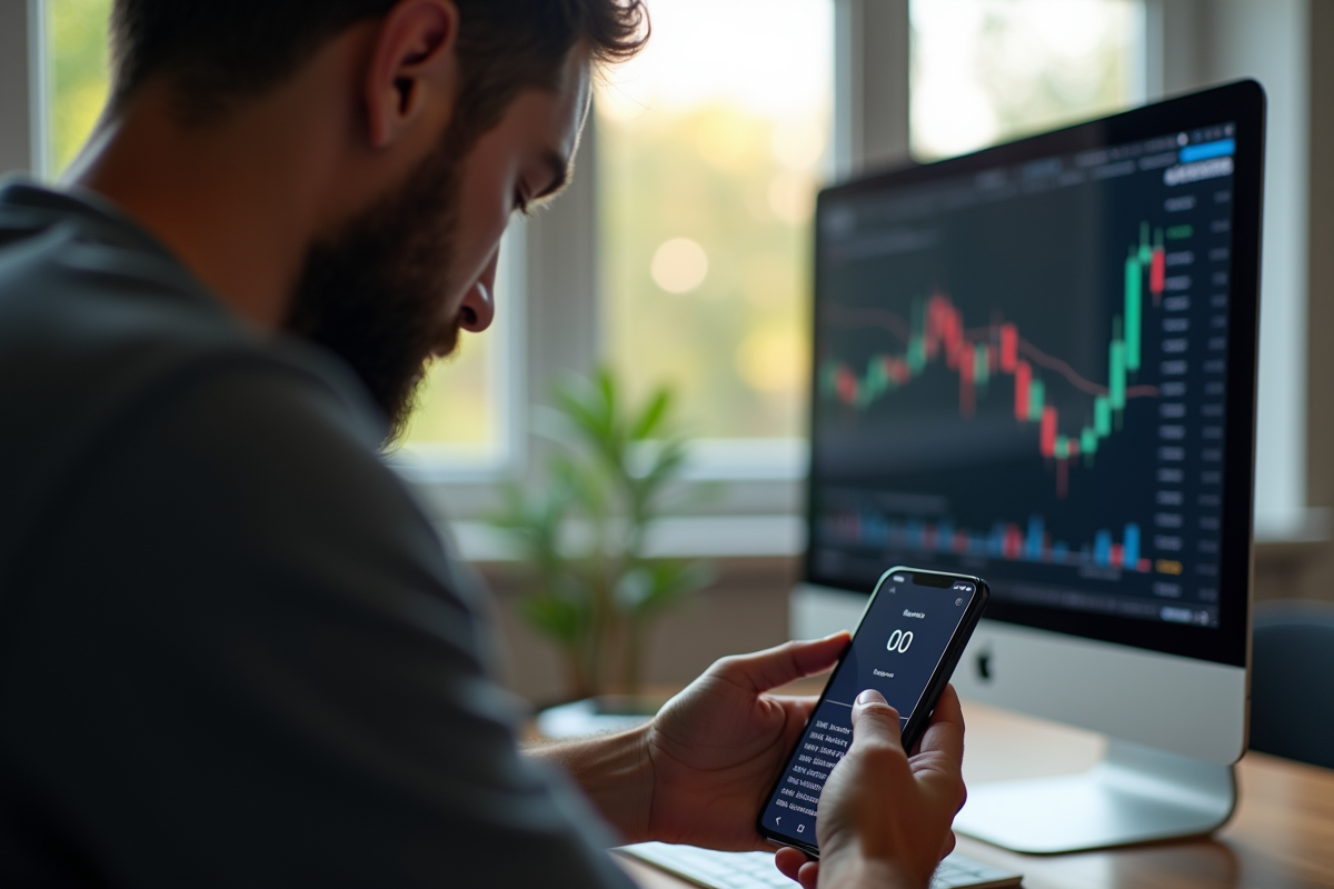 Adulte inquiet vérifiant son portefeuille crypto sur smartphone
