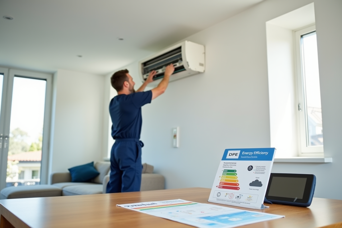 Technicien installant une pompe à chaleur dans un intérieur lumineux