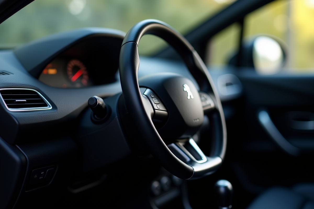 Détail du tableau de bord et volant Peugeot 208