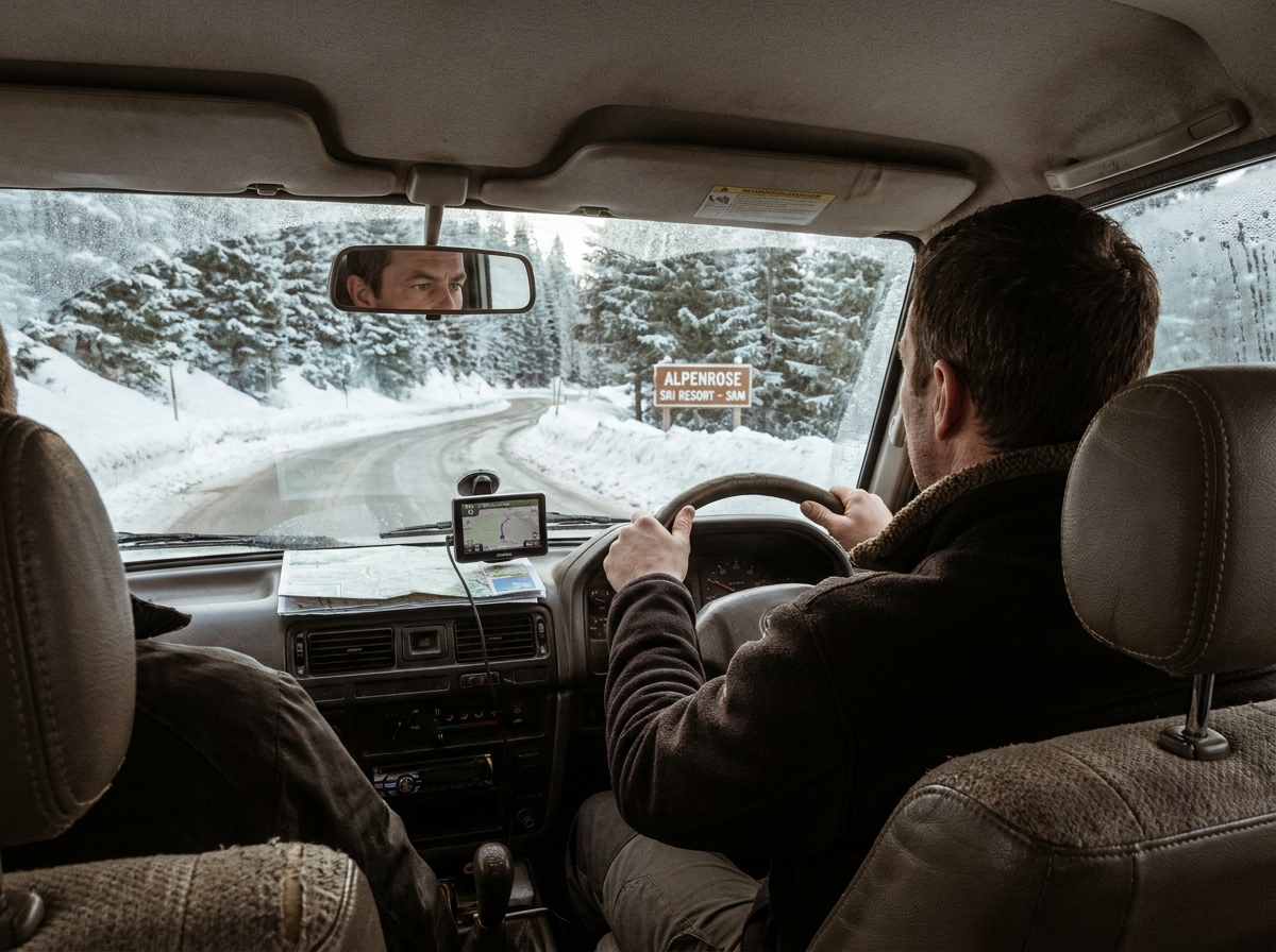 Intérieur d'un taxi de montagne avec chauffeur professionnel conduisant sur une route alpine enneigée en direction d'une station de ski