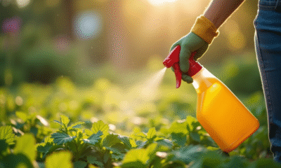 Femme pulvérisant un anti-mauvaises herbes naturel dans le jardin