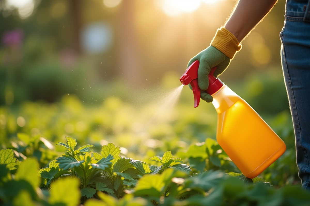 Femme pulvérisant un anti-mauvaises herbes naturel dans le jardin