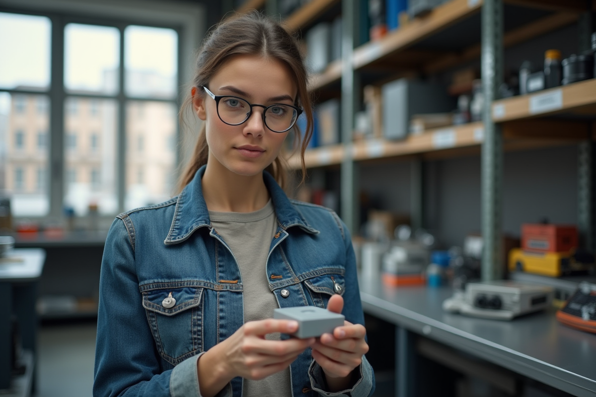 Jeune ingénieure examinant un prototype 3D dans un atelier industriel