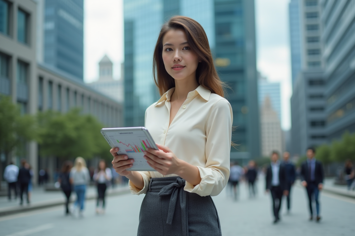 Jeune analyste financière avec tablette devant gratte-ciel urbain