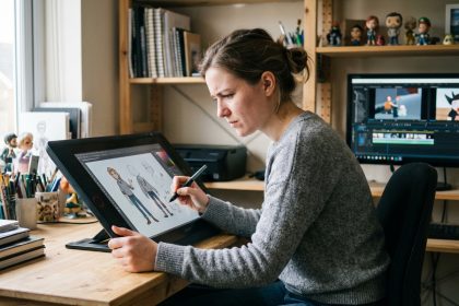 jeune femme travaillant sur un dessin animatique en 2D
