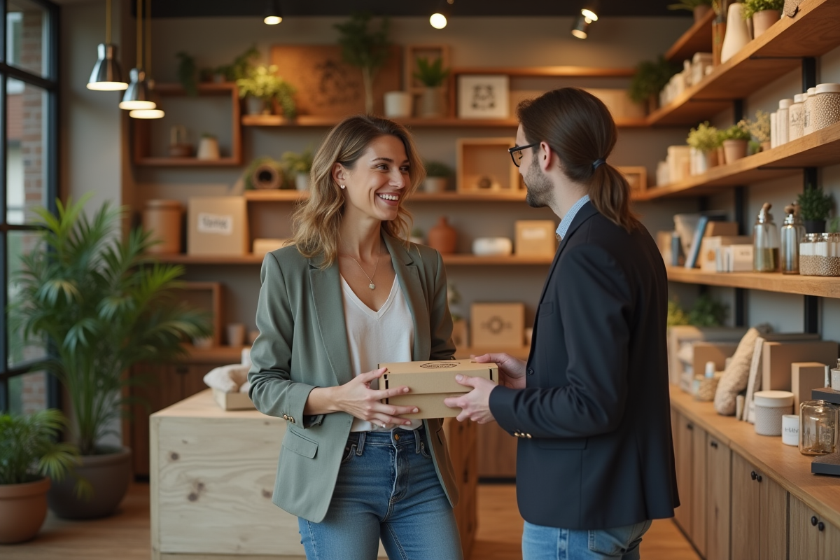Jeune entrepreneure présentant des produits de circularite