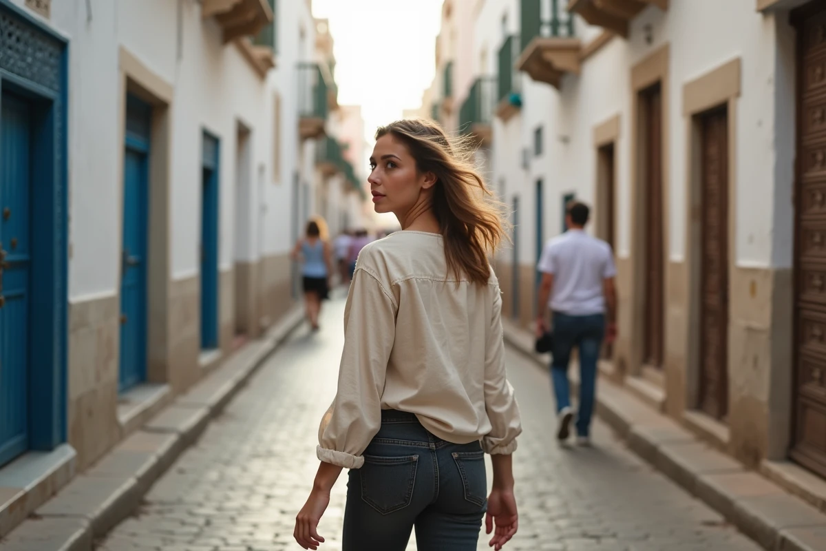 Jeune femme franco-marocaine se retournant dans une médina historique, symbolisant la quête identitaire et les origines culturelles