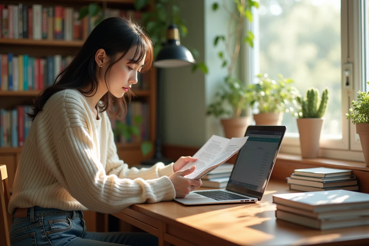 Jeune femme lisant un manga dans un bureau lumineux