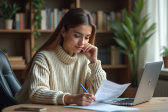 Jeune femme concentrée à son bureau avec ordinateur et essai
