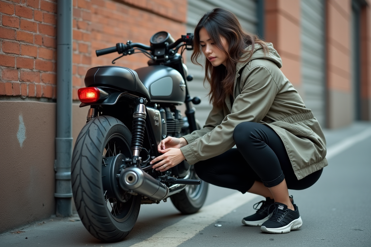 Jeune femme vérifiant la roue arrière d