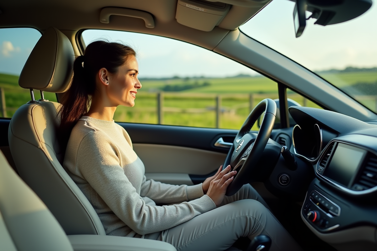 Jeune femme assise dans une voiture en campagne avec vue sur la nature