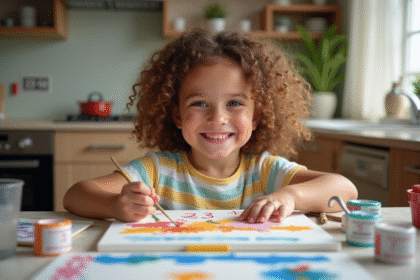 Jeune fille souriante peignant sur un canvas à la cuisine