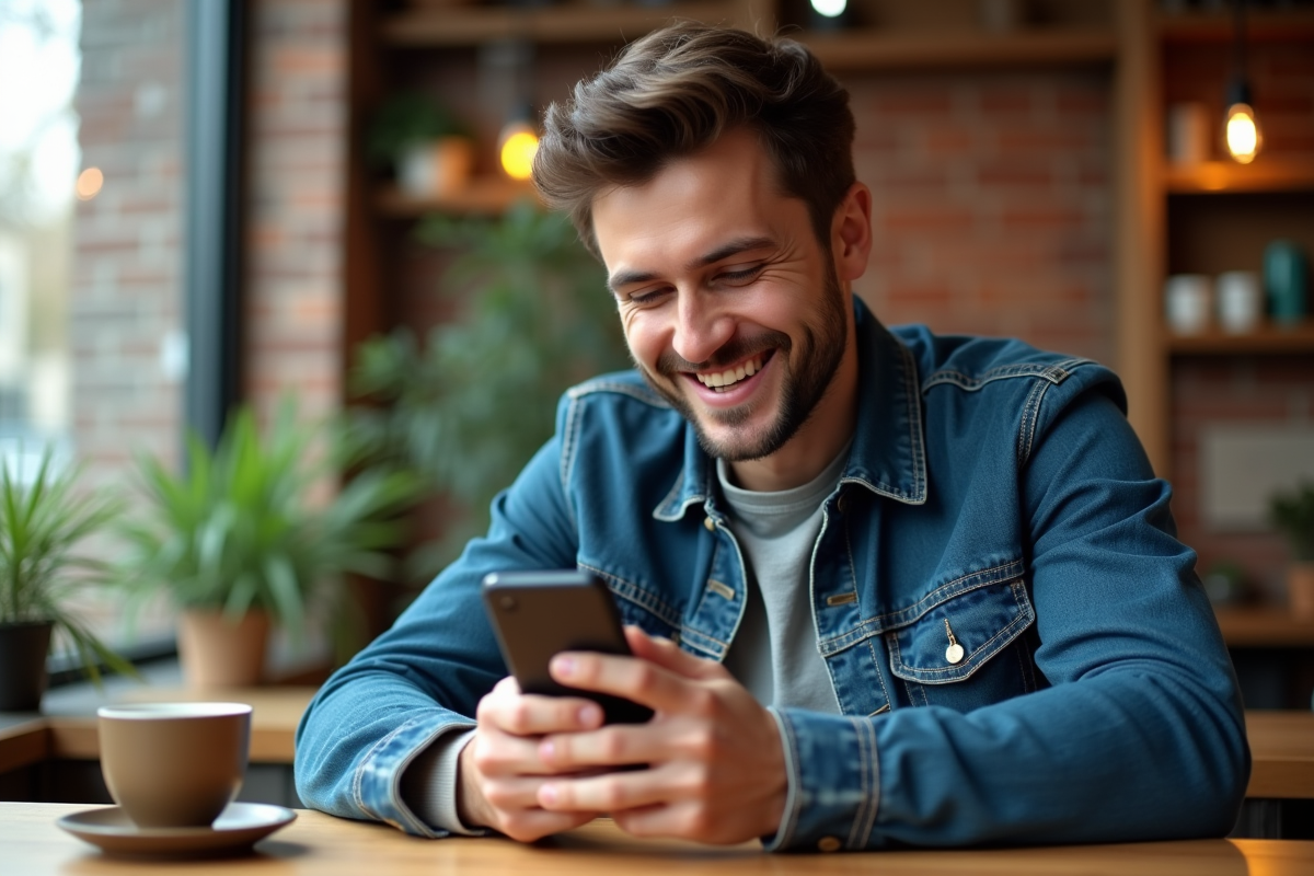 Jeune homme utilisant une application bancaire au café