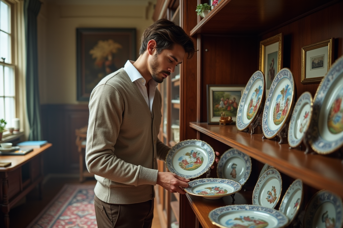 Jeune homme cataloguant des plaques enamel Longwy