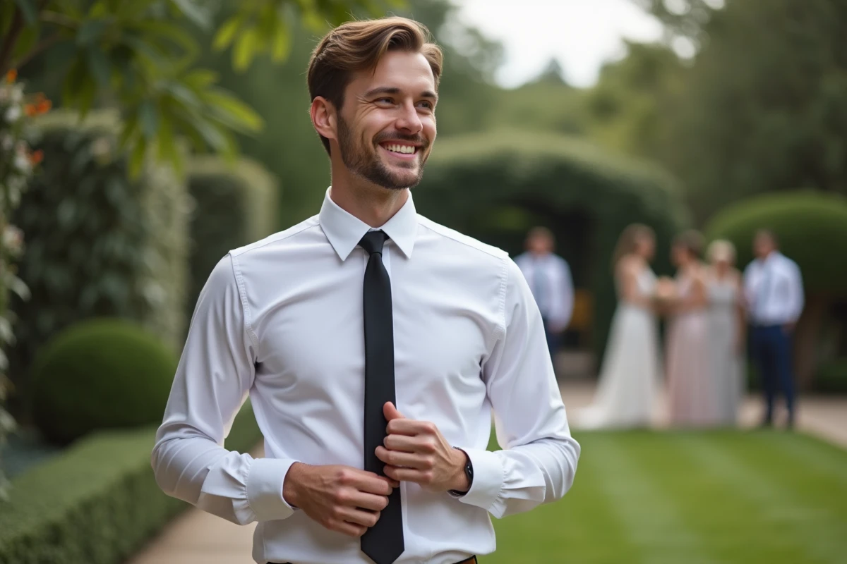 Jeune homme souriant en tenue décontractée lors d’un mariage en plein air