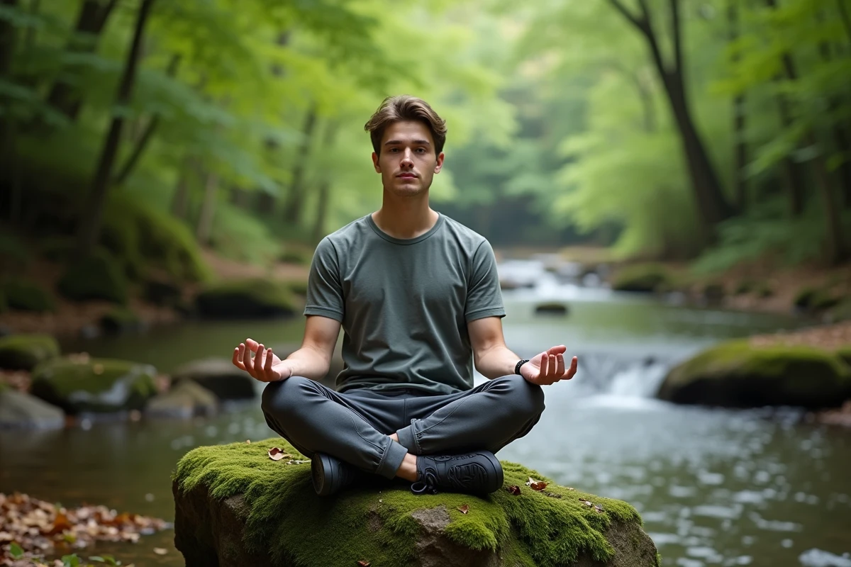 Jeune homme méditant en forêt sur une roche
