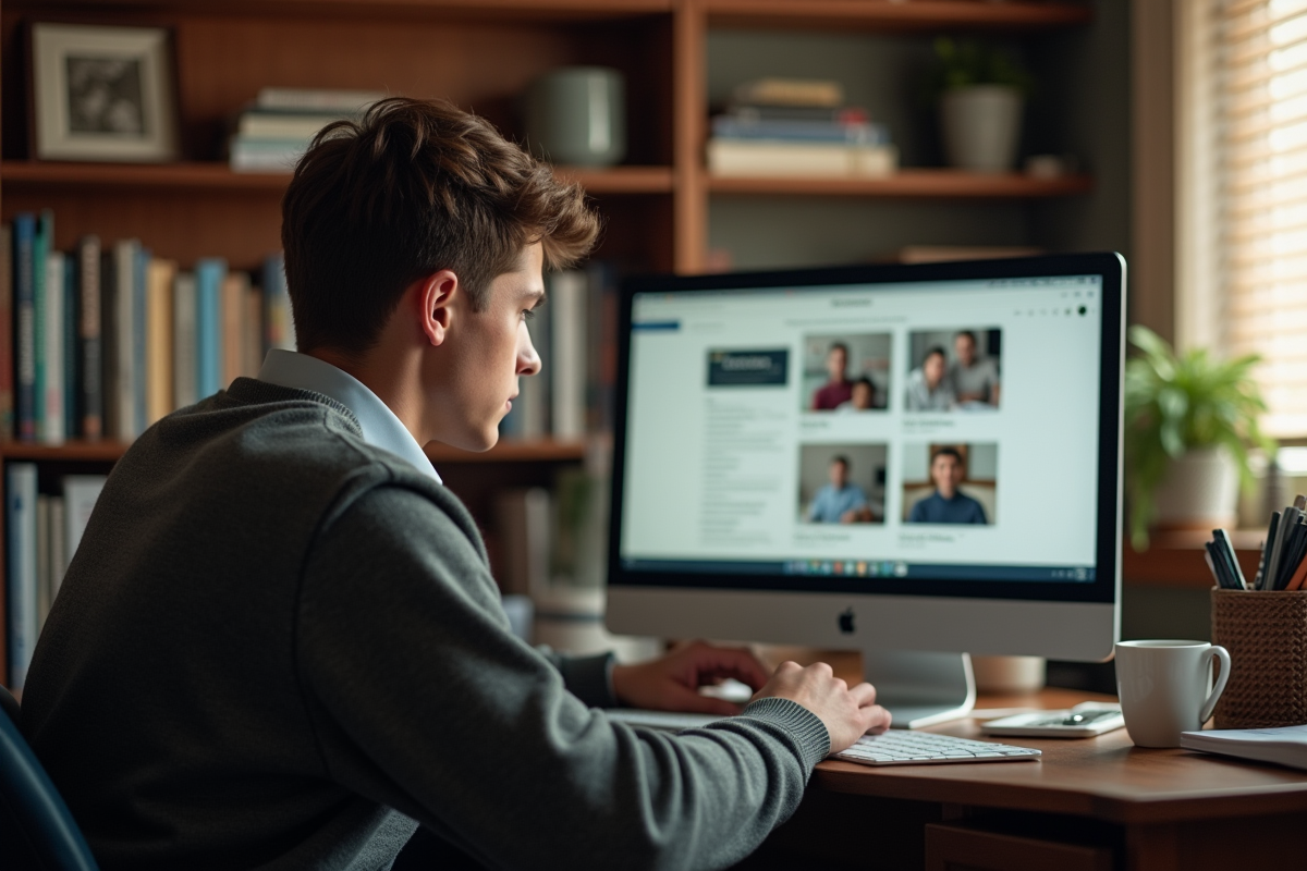 Jeune homme cherchant des archives familiales sur son ordinateur