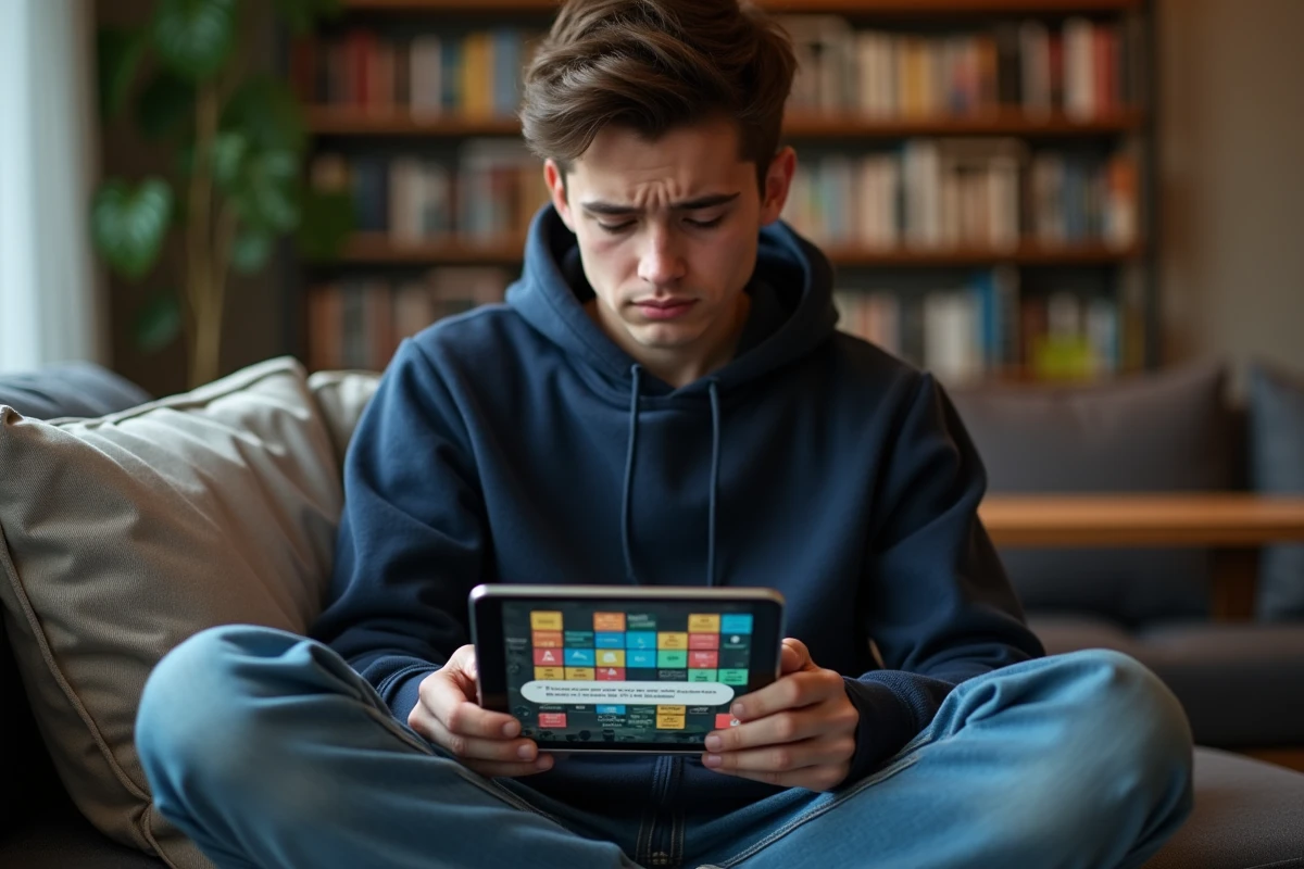 Jeune personne frustrée sur canapé avec une tablette affichant un message d'erreur sur une application de mots croisés CodyCross