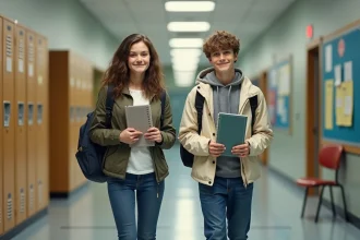Adolescents dans le couloir du lycée avec planners