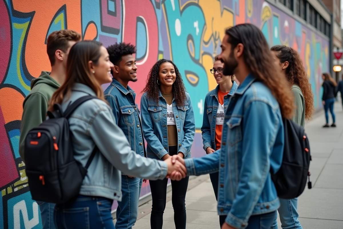 Jeunes adultes souriants échangeant en extérieur urbain