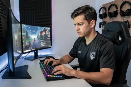 Joueur compétitif classé concentré devant un triple écran avec clavier mécanique et setup gaming professionnel