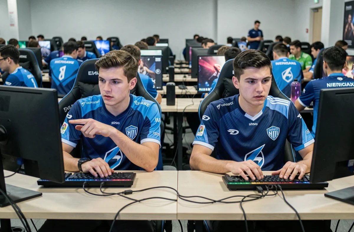 Deux joueurs tryhard en LAN gaming café avec setup compétitif et jerseys d'équipe en session classée
