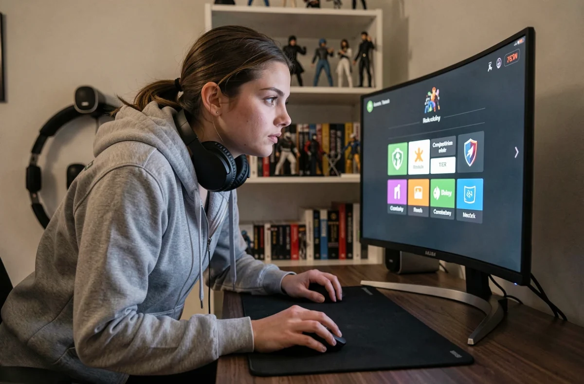 Joueuse classée compétitive devant un écran ultrawide avec interface de sélection de rang et setup streaming