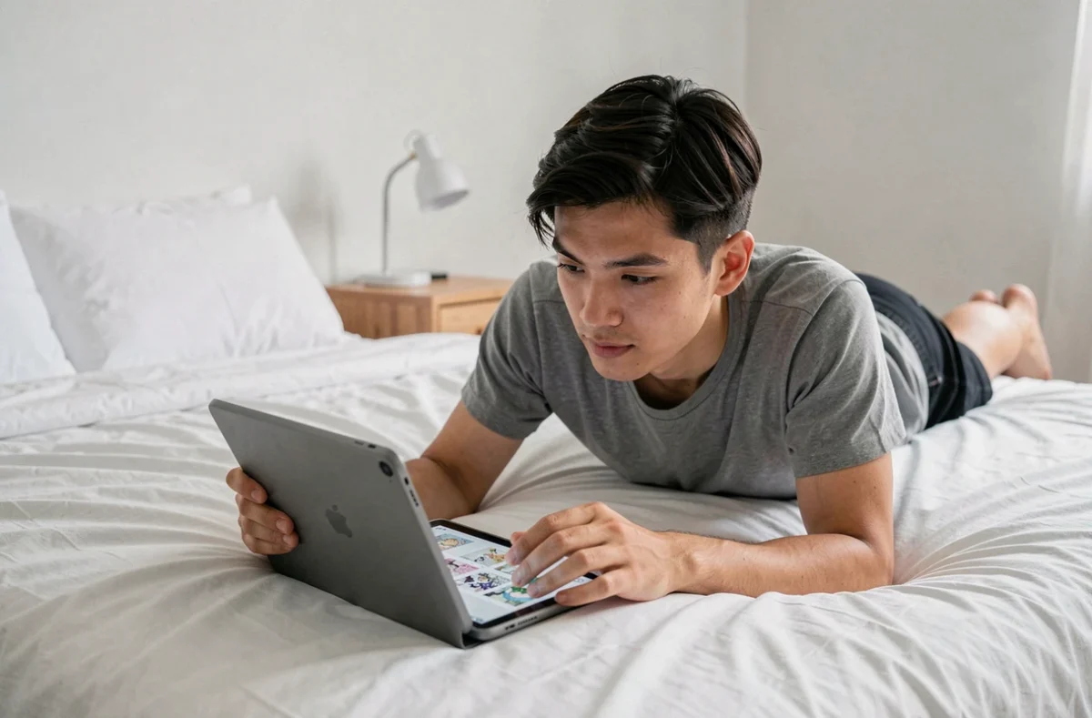 Jeune homme lisant un manga BL sur une tablette allongé sur son lit dans une chambre minimaliste