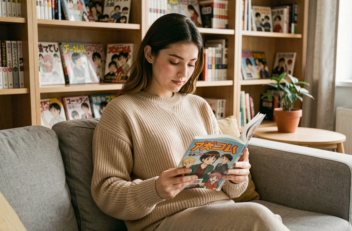 Jeune femme lisant un manga sur un canapé dans un appartement moderne avec bibliothèque en arrière-plan