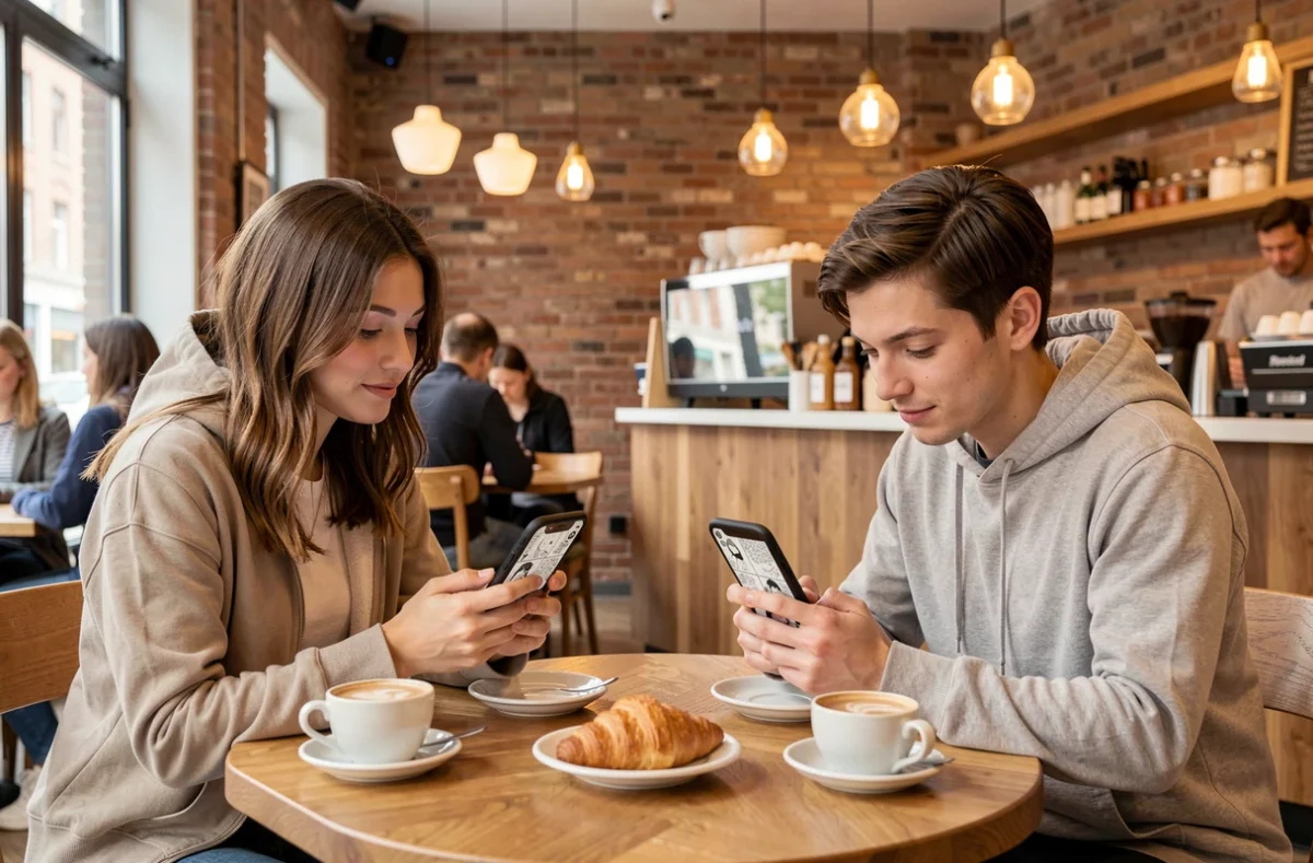 Deux jeunes adultes lisant des mangas BL sur leurs smartphones dans un café urbain chaleureux