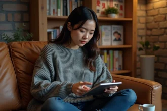 Jeune femme lisant un manga en ligne hors connexion sur une tablette dans un salon cosy avec des étagères remplies de mangas