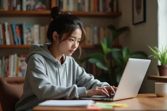 Jeune femme lisant des scans manga yaoi en français sur un ordinateur portable dans un bureau cosy