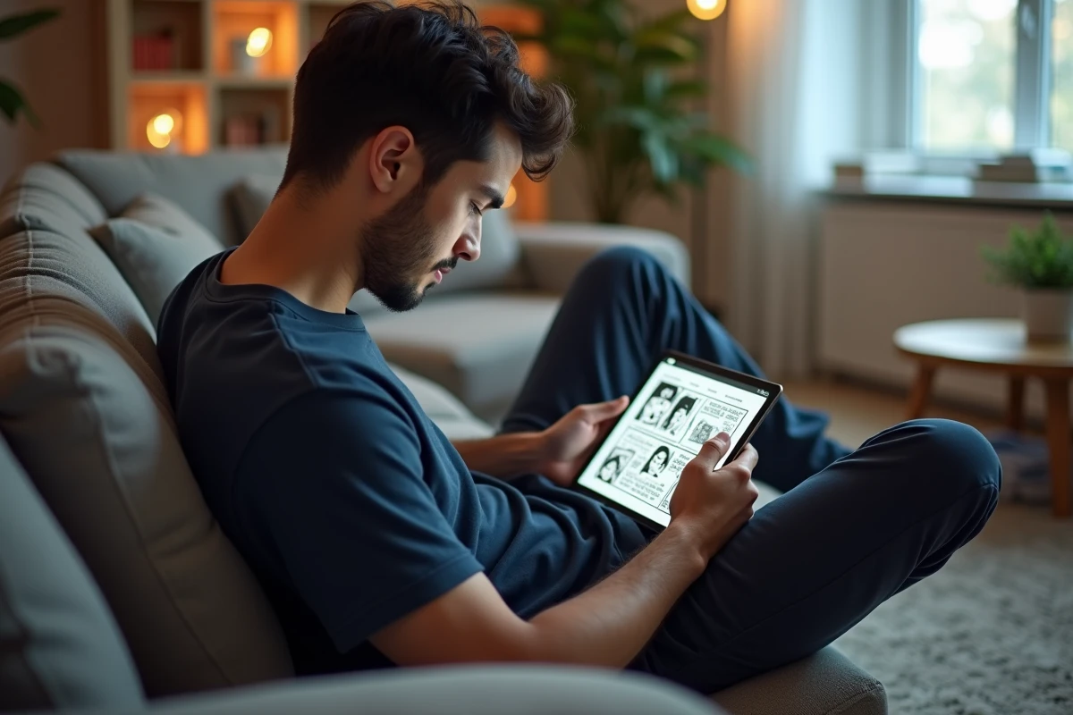 Homme lisant des scans yaoi en français sur tablette allongé dans un salon moderne