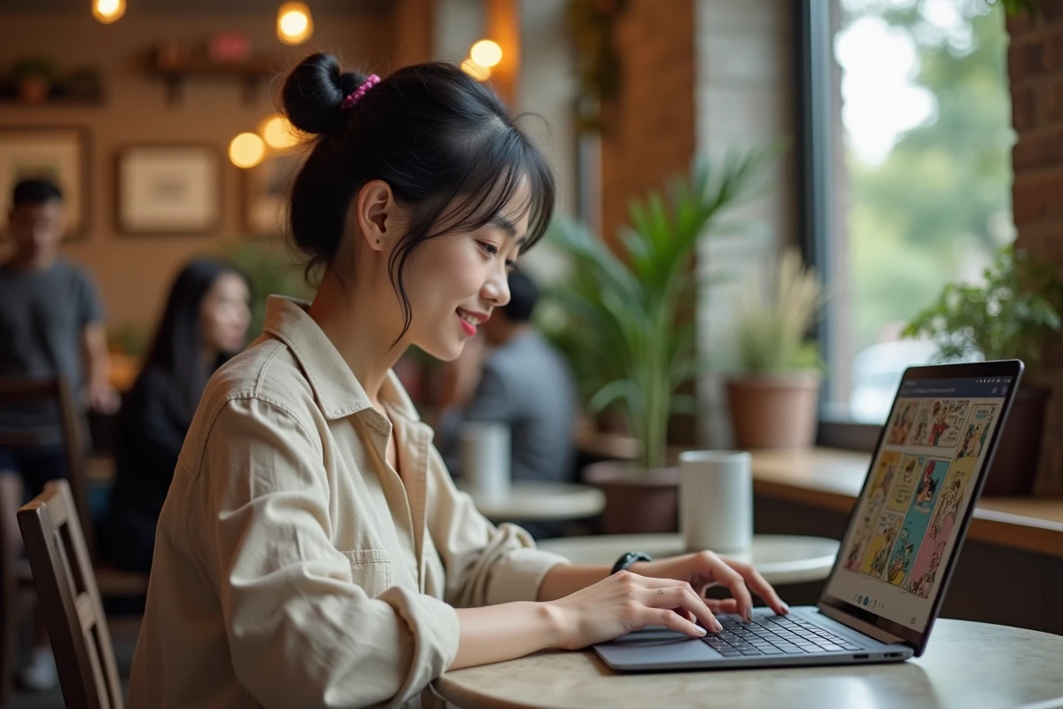 Femme lisant un manhwa webtoon sur ordinateur portable dans un café moderne avec des murs en briques apparentes