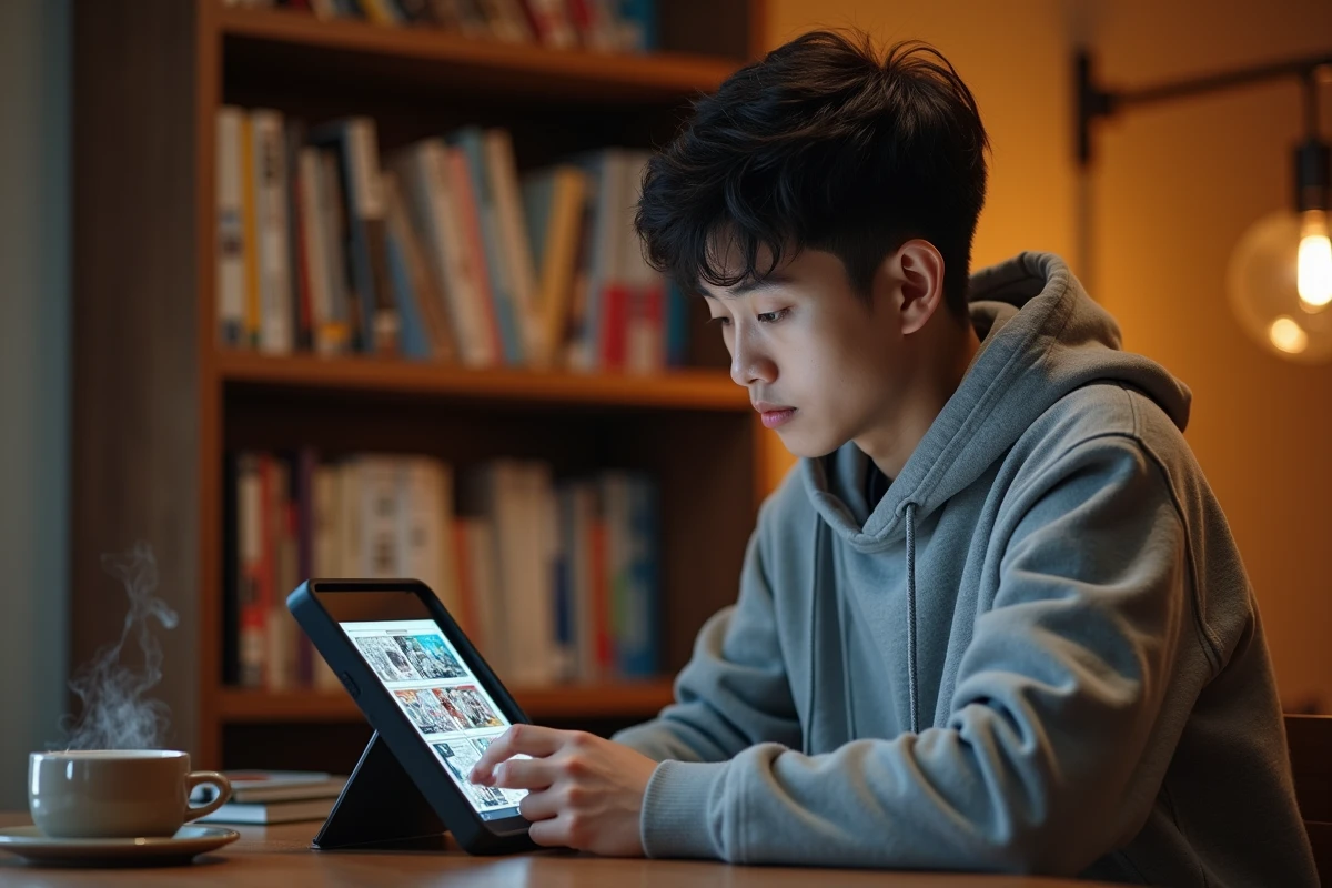 Jeune homme lisant un webtoon manhwa sur tablette dans son appartement cosy avec des étagères de mangas en arrière-plan