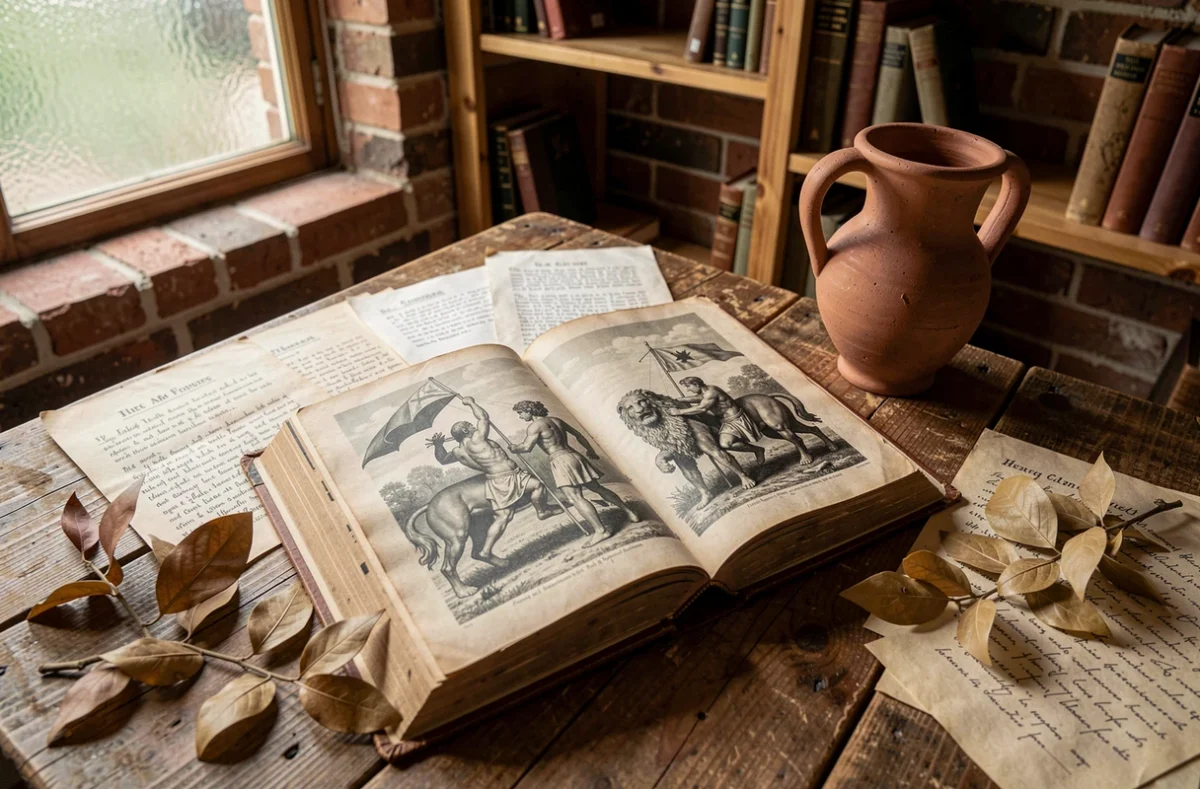 Livre ancien ouvert montrant des gravures des travaux d'Hercule posé sur une table en bois dans un bureau d'érudit