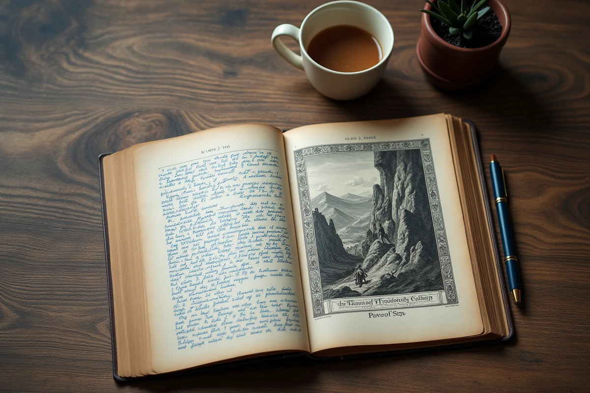 Livre illustré du mythe de Prométhée ouvert à côté de notes de révision pour l'oral de français