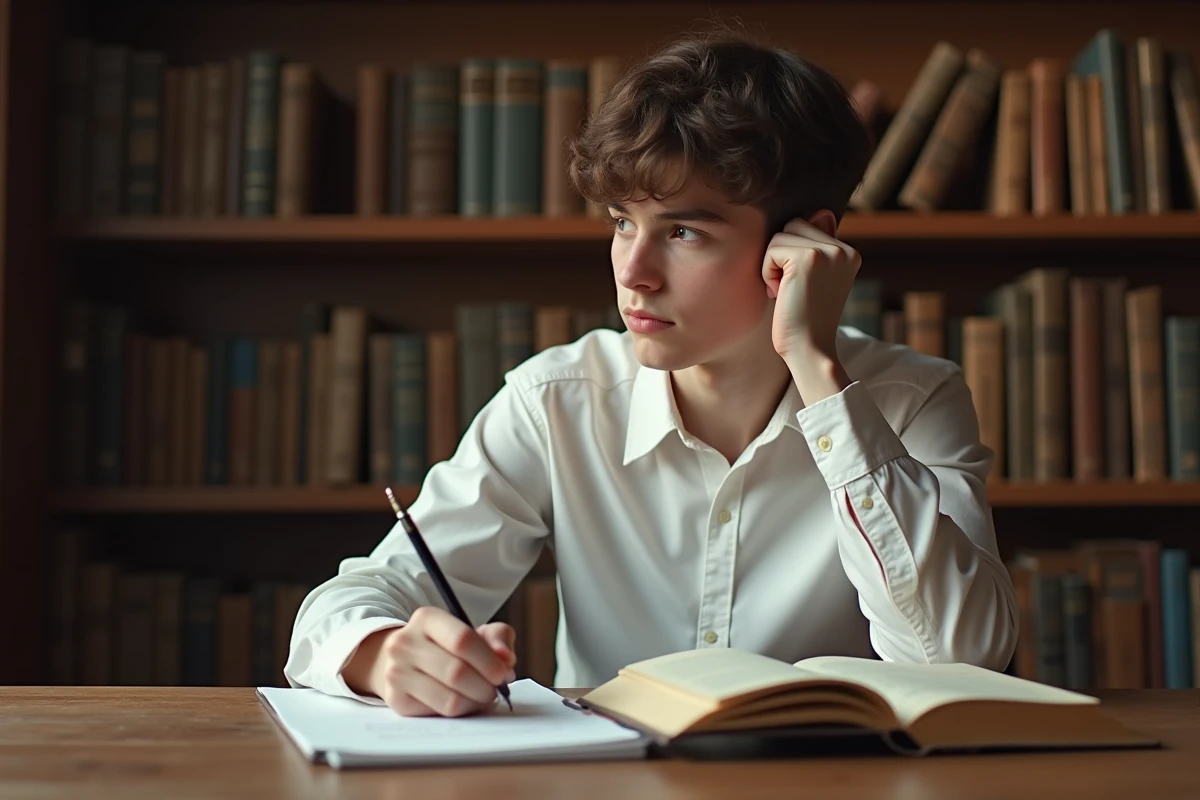 Lycéen étudiant le mythe de Prométhée sur ses notes de cours pour préparer l'oral de français
